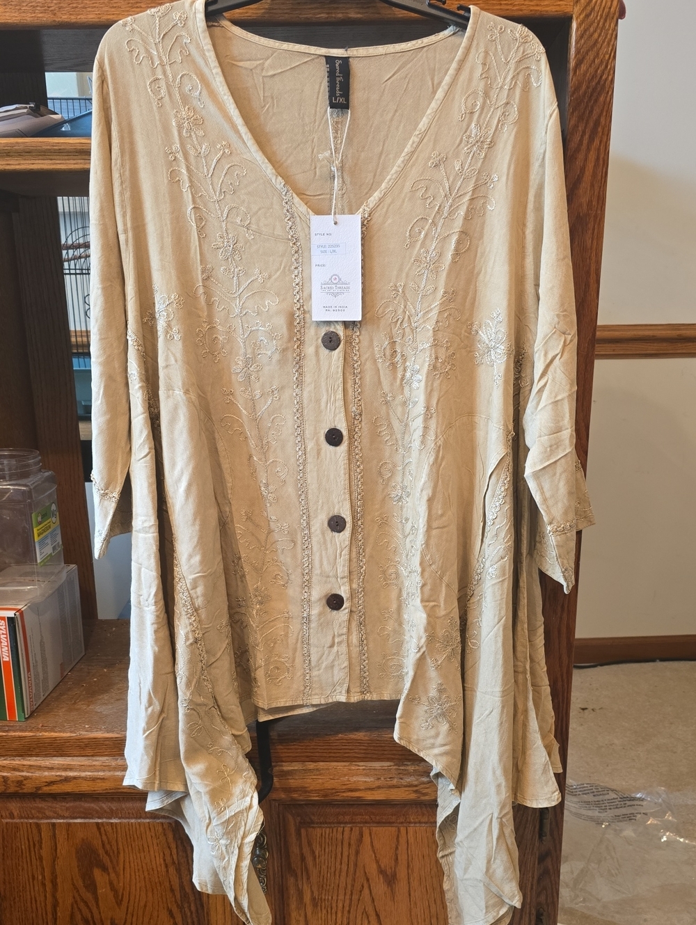 Sacred Threads Beige Embroidered V‑Neck Button Tunic